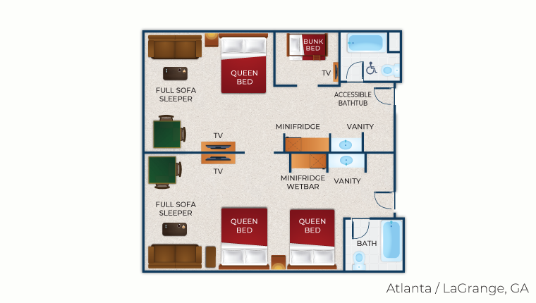 The floor plan for the accessible bathtub Deluxe Wolf Den Suite